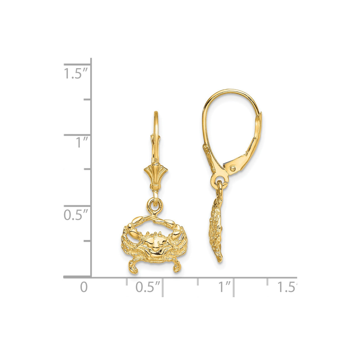 14k Yellow Gold Crab Dangle Earrings with Leverback Hooks, Nautical Cancer Zodiac Jewelry for Women