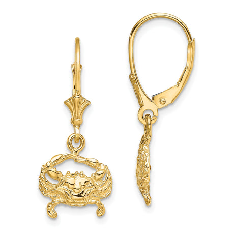 14k Yellow Gold Crab Dangle Earrings with Leverback Hooks, Nautical Cancer Zodiac Jewelry for Women