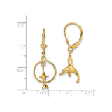14k Yellow Gold Leverback Earrings, Jumping Dolphin Through Hoop, Nautical Marine Animal Theme