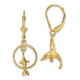 14k Yellow Gold Leverback Earrings, Jumping Dolphin Through Hoop, Nautical Marine Animal Theme