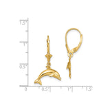 14k Yellow Gold Leverback Earrings with Jumping Dolphin Design, Ocean Inspired Jewelry for Women