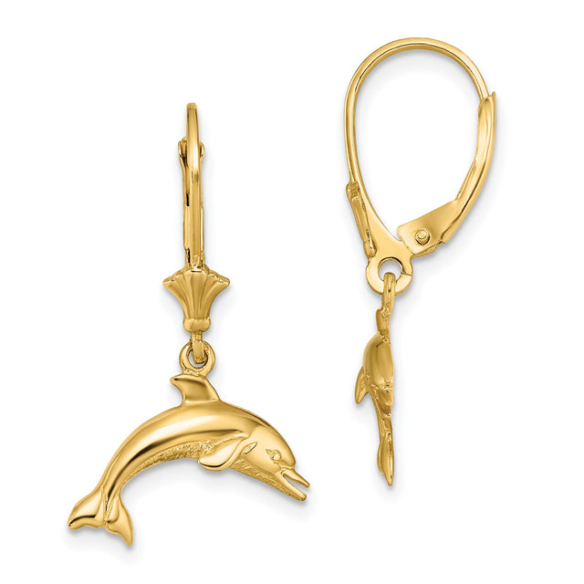 14k Yellow Gold Leverback Earrings with Jumping Dolphin Design, Ocean Inspired Jewelry for Women