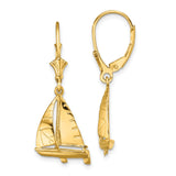 14k Yellow Gold Sailboat Dangle Earrings with Leverback Closures, Nautical Ocean Theme for Women