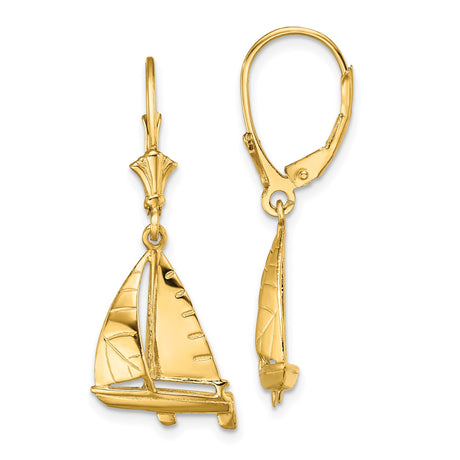 14k Yellow Gold Sailboat Dangle Earrings with Leverback Closures, Nautical Ocean Theme for Women
