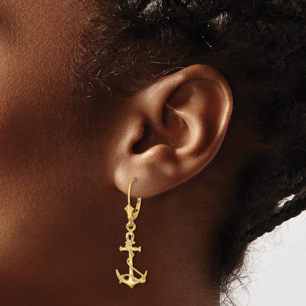14k Yellow Gold Anchor Dangle Earrings with Rope Detail, Nautical Christian Symbol Style