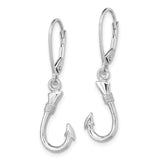 14k White Gold Fish Hook Dangle Earrings with Leverback Closures, Nautical Marine Style Charm