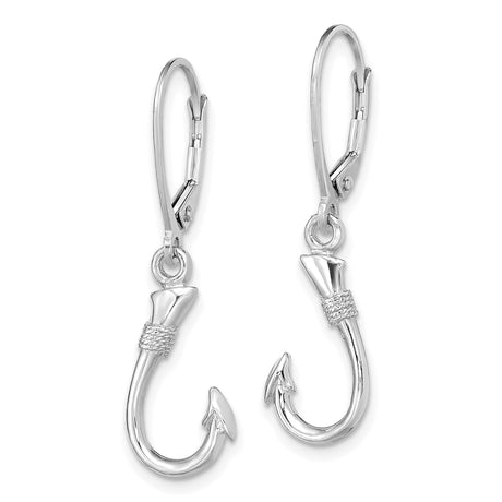 14k White Gold Fish Hook Dangle Earrings with Leverback Closures, Nautical Marine Style Charm