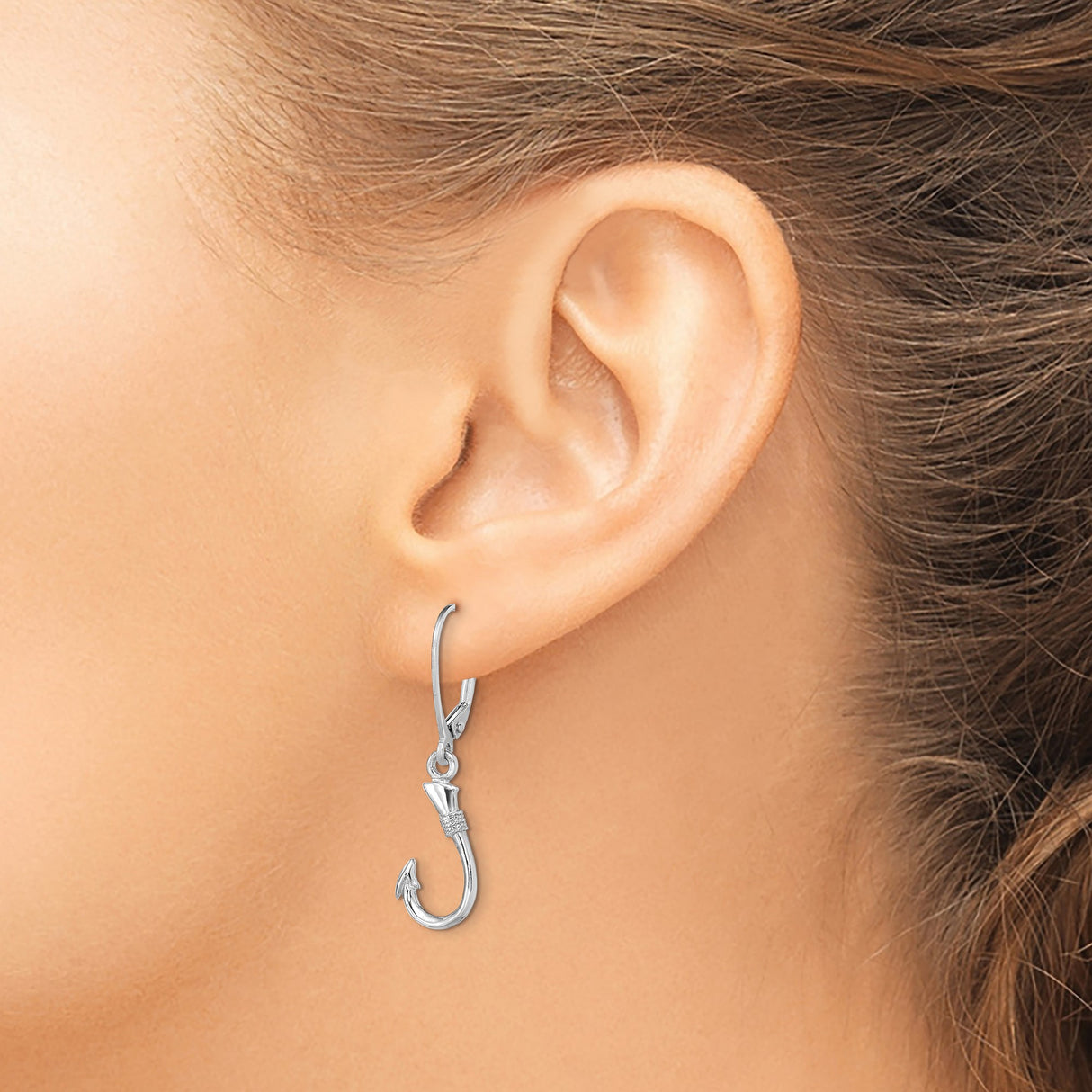 14k White Gold Fish Hook Dangle Earrings with Leverback Closures, Nautical Marine Style Charm