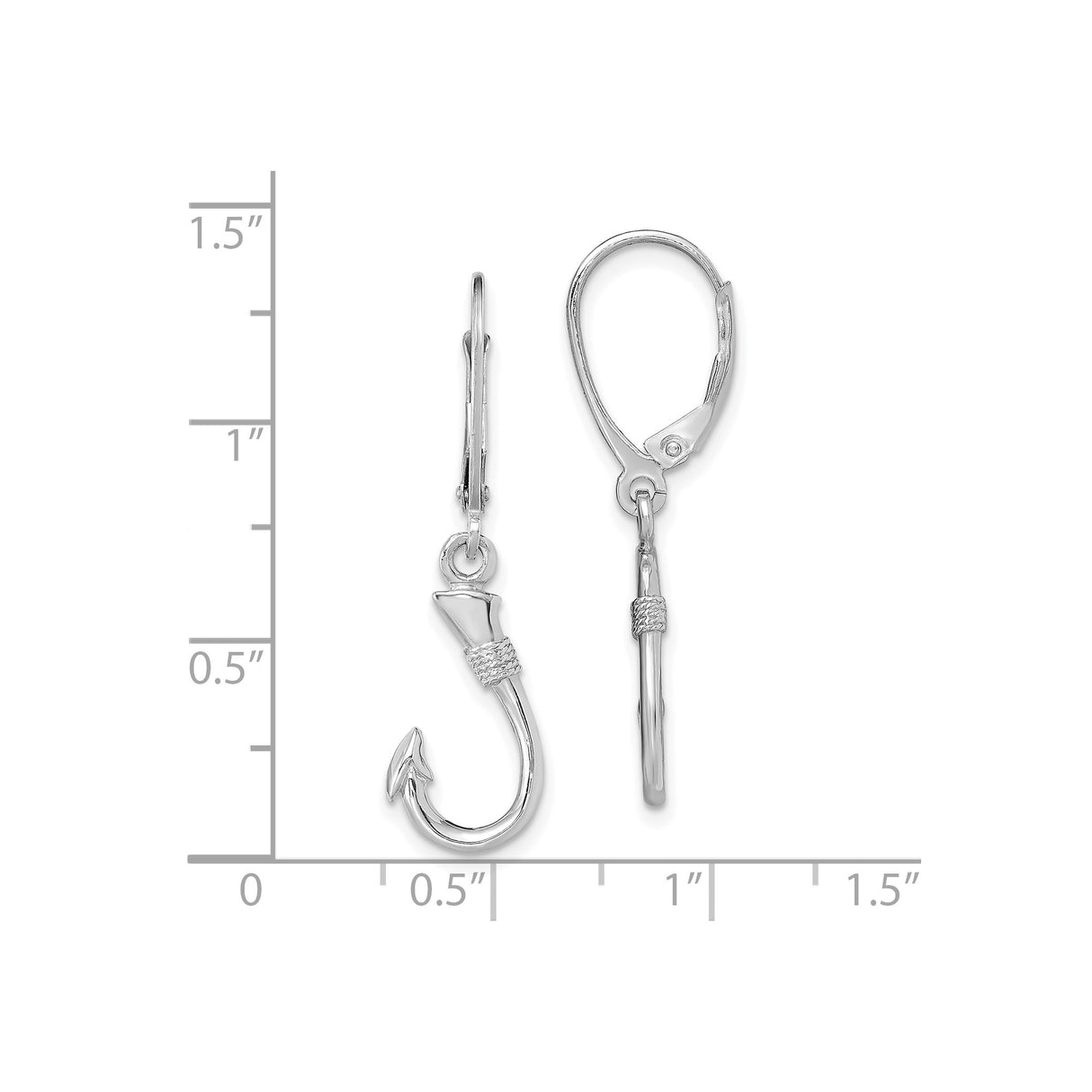 14k White Gold Fish Hook Dangle Earrings with Leverback Closures, Nautical Marine Style Charm