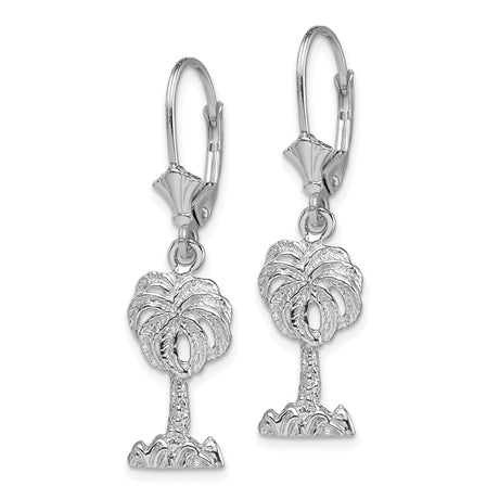 14k White Gold Leverback Earrings with Palm Tree Charms, Tropical Beach Theme