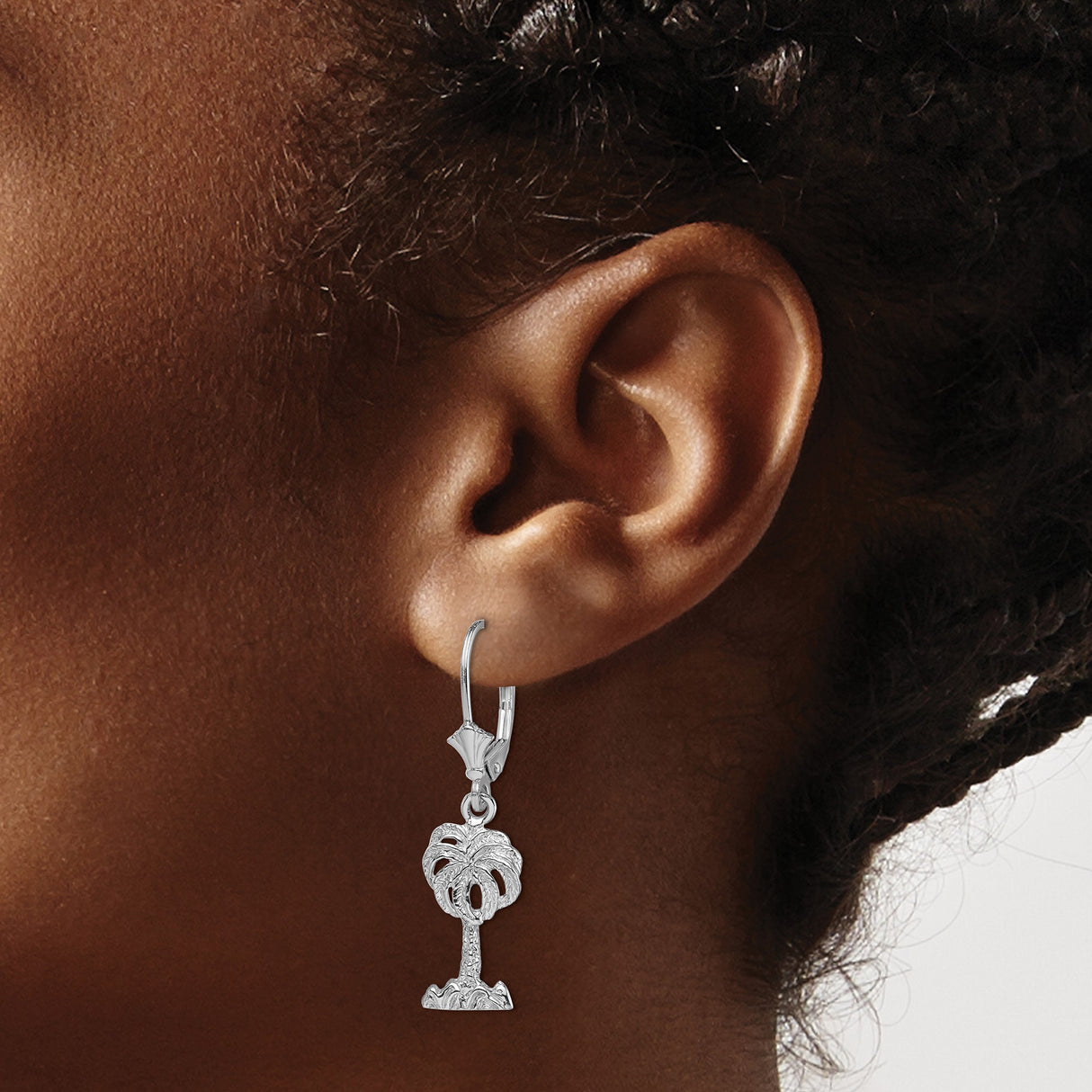 14k White Gold Leverback Earrings with Palm Tree Charms, Tropical Beach Theme