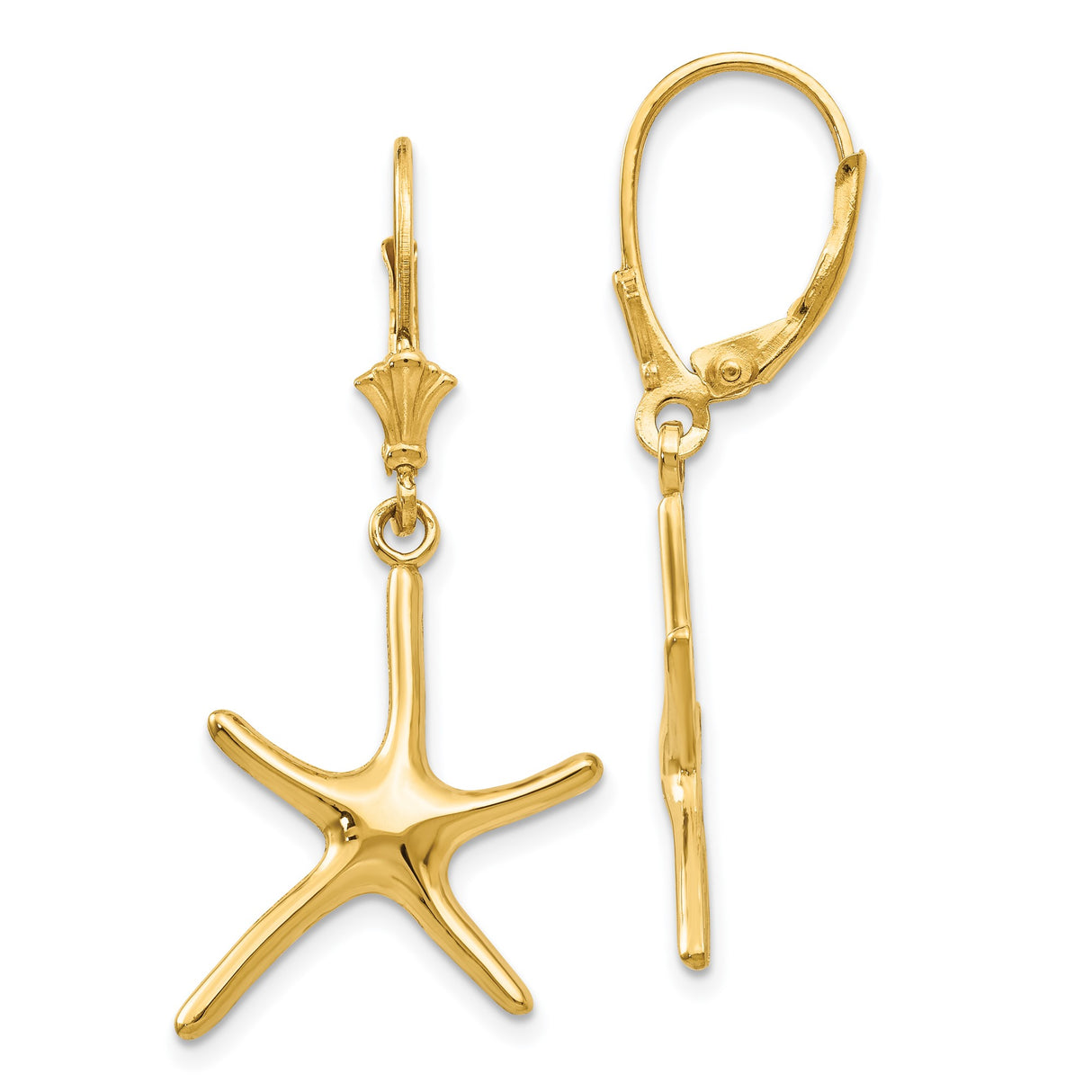 14k Yellow Gold Starfish Dangle Earrings, Coastal Nautical Design for Women
