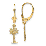 14k Yellow Gold Dangle Earrings with Palm Tree Charms, Tropical Style Leverback Design