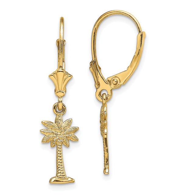 14k Yellow Gold Dangle Earrings with Palm Tree Charms, Tropical Style Leverback Design