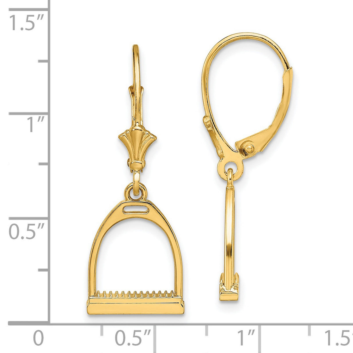 14k Yellow Gold Dangle Earrings, Stirrup Charm Equestrian Design, Leverback Backs