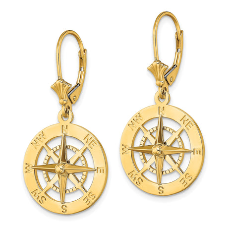 14k Yellow Gold Compass Rose Dangle Earrings with Leverbacks, Nautical Design for Women