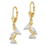 14k Yellow Gold Pelican Drop Earrings, Two-Tone Marine Theme with Leverback Clasps for Women