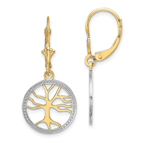 14k Multi-Tone Gold Tree of Life Dangle Leverback Earrings, Round Frame Design for Women