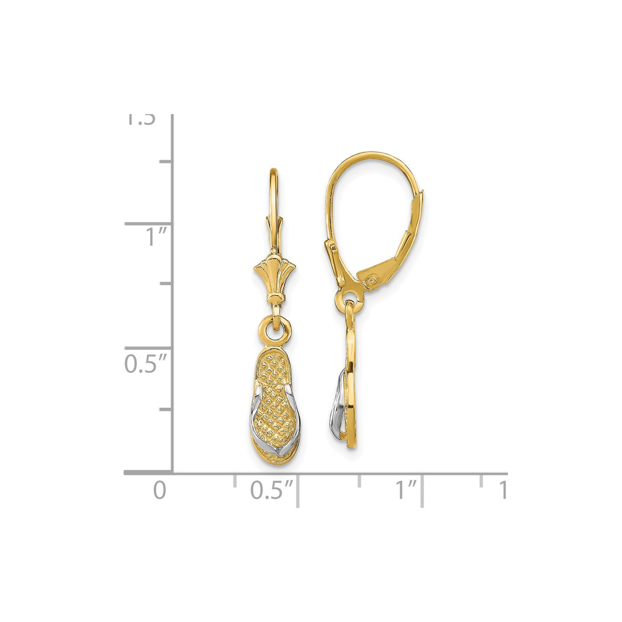 14k Yellow Gold Earrings, Flip-Flop Dangle Design, Mixed Metal Beach Theme for Women