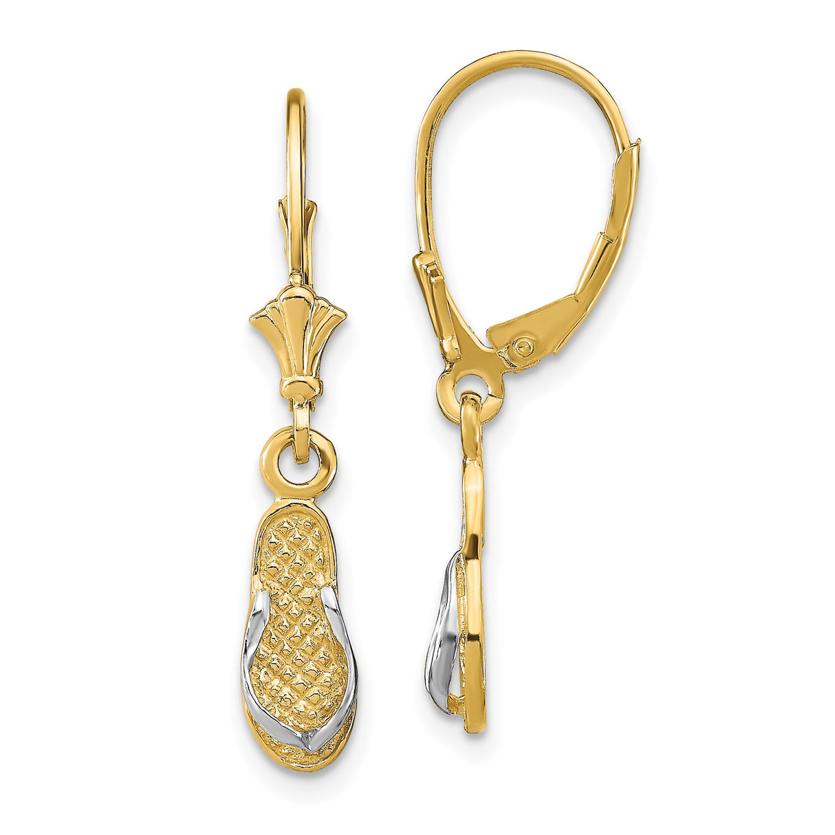 14k Yellow Gold Earrings, Flip-Flop Dangle Design, Mixed Metal Beach Theme for Women