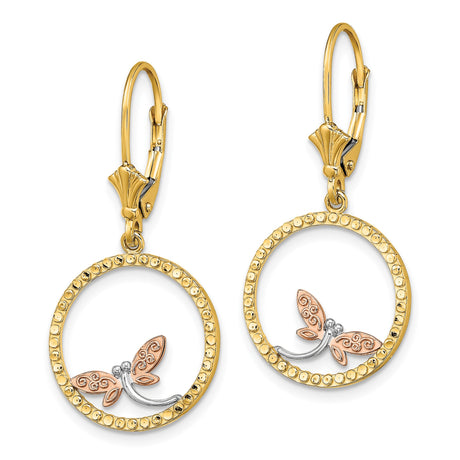14k Yellow Gold Dangle Earrings with Dragonfly in Two-Tone Textured Circle Design