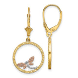 14k Yellow Gold Dangle Earrings with Dragonfly in Two-Tone Textured Circle Design
