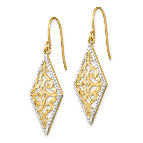 14k Yellow Gold Dangle Earrings with Rhodium Accents, Filigree Scrollwork, Vintage-Inspired Design