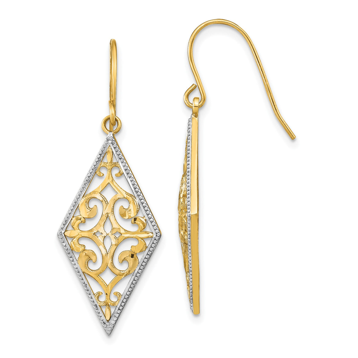 14k Yellow Gold Dangle Earrings with Rhodium Accents, Filigree Scrollwork, Vintage-Inspired Design