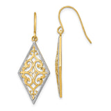 14k Yellow Gold Dangle Earrings with Rhodium Accents, Filigree Scrollwork, Vintage-Inspired Design