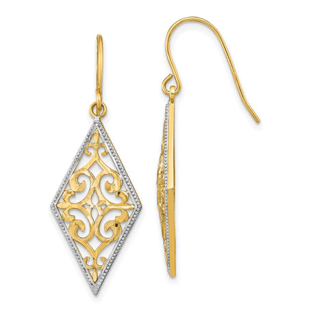 14k Yellow Gold Dangle Earrings with Rhodium Accents, Filigree Scrollwork, Vintage-Inspired Design