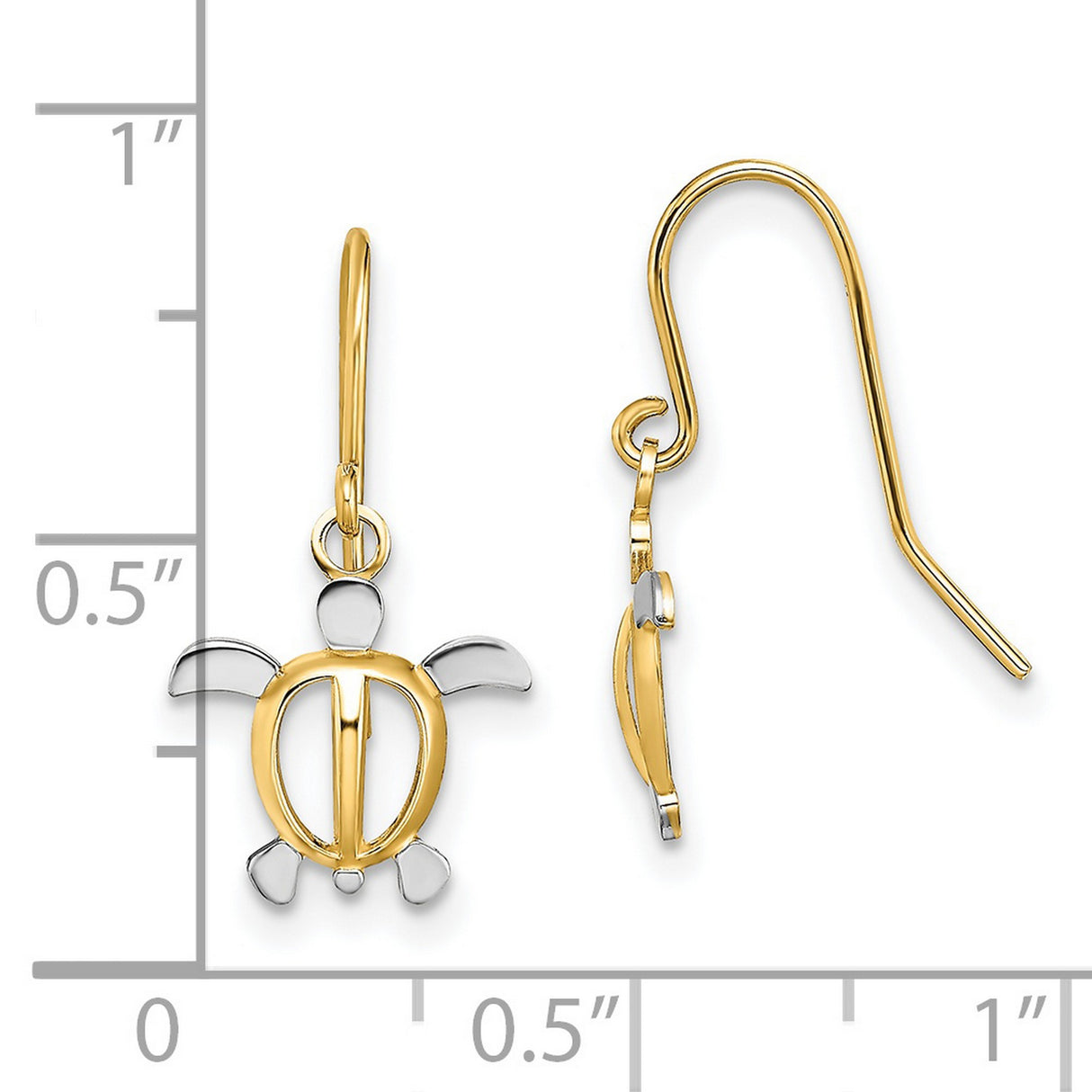 14k Yellow Gold Sea Turtle Dangle Earrings, Two Tone Ocean and Coastal Theme for Women