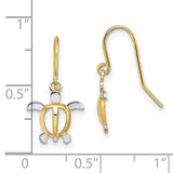 14k Yellow Gold Sea Turtle Dangle Earrings, Two Tone Ocean and Coastal Theme for Women