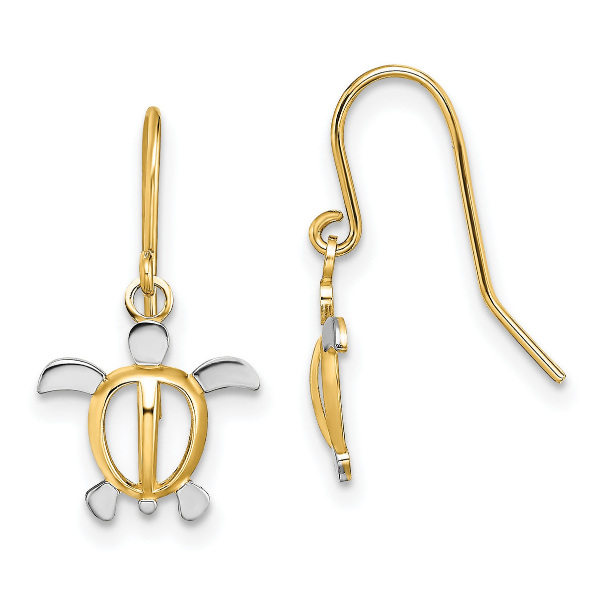 14k Yellow Gold Sea Turtle Dangle Earrings, Two Tone Ocean and Coastal Theme for Women