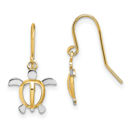 14k Yellow Gold Sea Turtle Dangle Earrings, Two Tone Ocean and Coastal Theme for Women