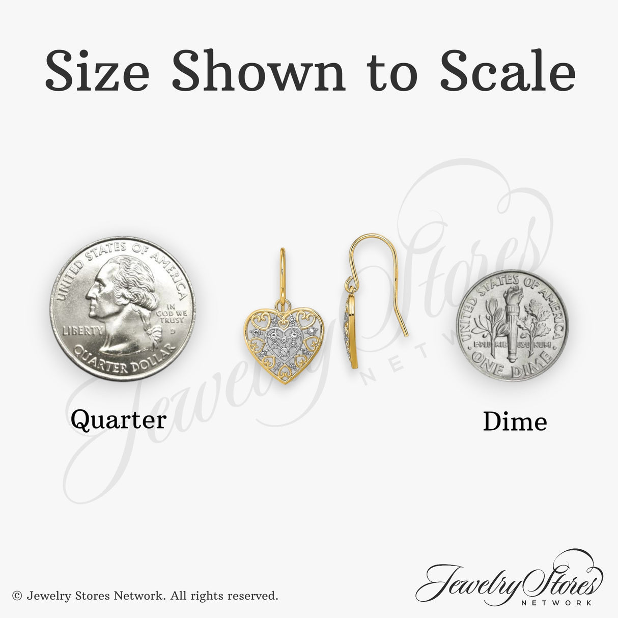 14k Yellow Gold Dangle Earrings with Rhodium Filigree Heart, Nested Hearts, Floral Accents