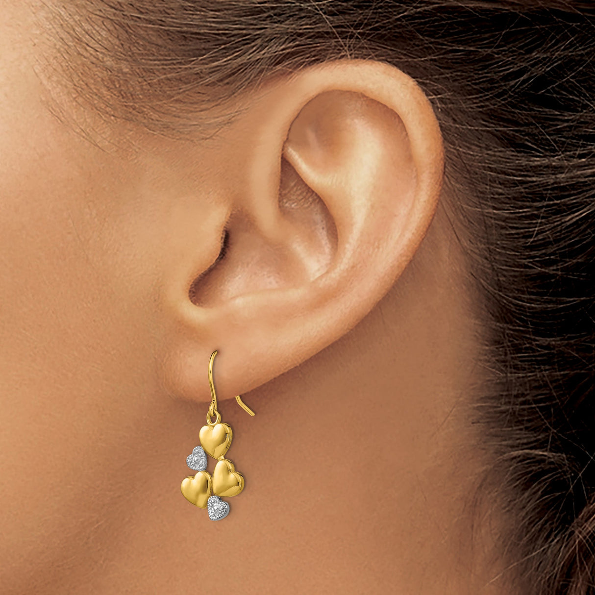 14k Yellow Gold Dangle Earrings with Polished and Textured Heart Charms, Tri-Heart Design