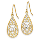 14k Yellow Gold Teardrop Dangle Earrings with Open Scrollwork and Marquise Accent