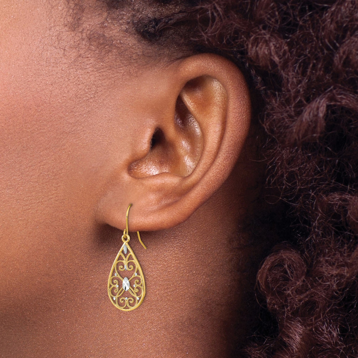 14k Yellow Gold Teardrop Dangle Earrings with Open Scrollwork and Marquise Accent
