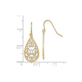 14k Yellow Gold Teardrop Dangle Earrings with Open Scrollwork and Marquise Accent