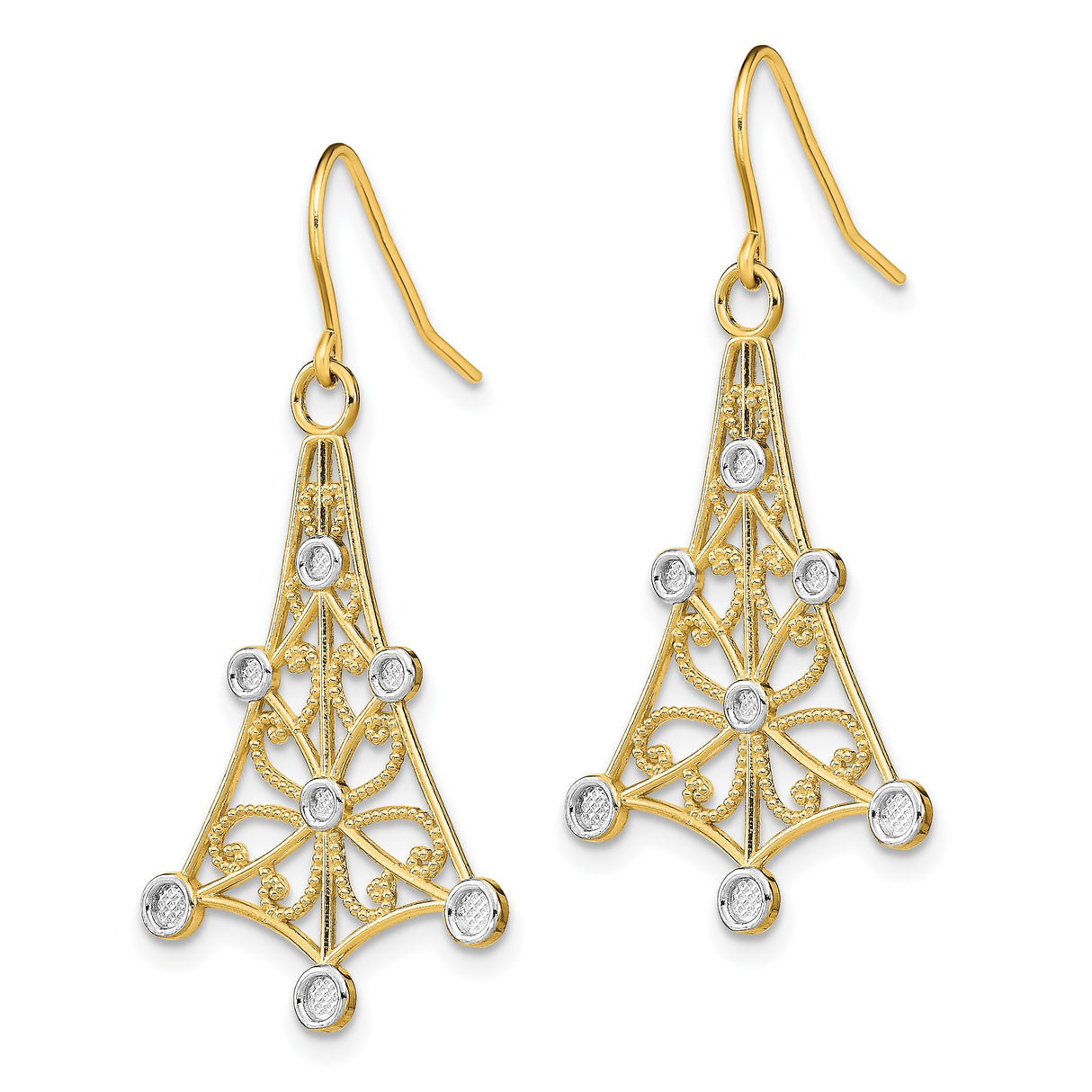 14k Yellow Gold Dangle Earrings with Filigree Scroll and Tree Silhouette Motif