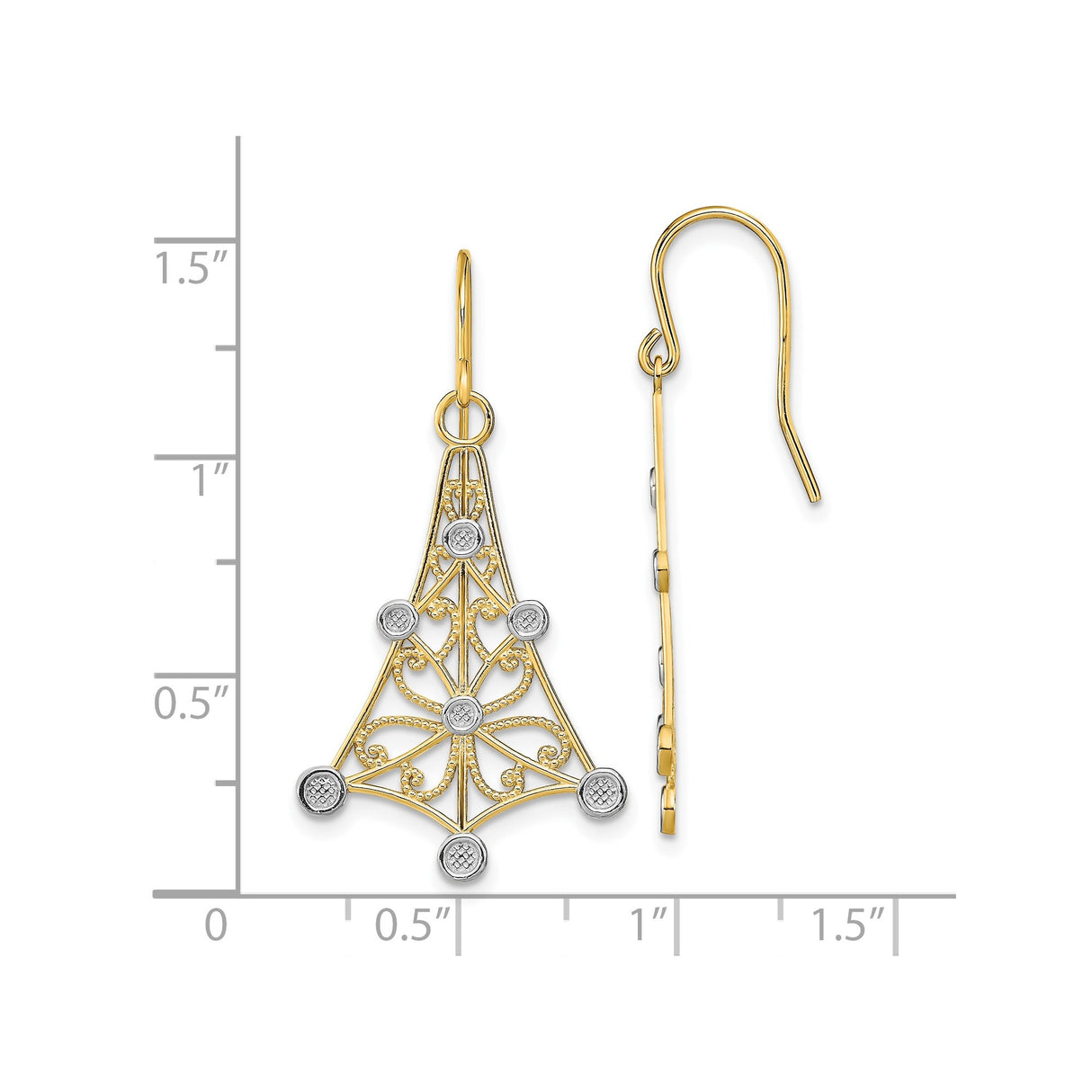 14k Yellow Gold Dangle Earrings with Filigree Scroll and Tree Silhouette Motif
