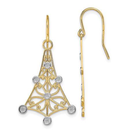 14k Yellow Gold Dangle Earrings with Filigree Scroll and Tree Silhouette Motif