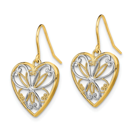 14k Yellow Gold Drop Earrings with Rhodium Filigree Heart Design and Vintage Floral Motif