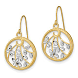 14k Yellow Gold Dangle Earrings with Round Openwork Leaf Design, Two Tone Nature Inspired Jewelry