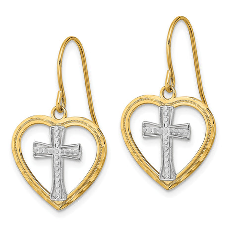 14K Yellow Gold Two-Tone Heart Textured Cross Drop Earrings