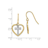 14K Yellow Gold Two-Tone Heart Textured Cross Drop Earrings