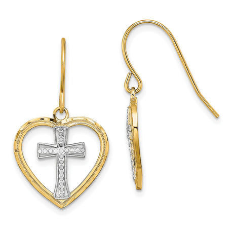 14k Yellow and Rhodium Dangle Earrings for Women with Heart-Shaped Frame and Textured Cross Design, Symbolic Christian Jewelry, Two-Tone Religious Drop Earrings, Faith Inspired Gold Jewelry