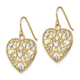 14k Yellow Gold Drop Earrings with Rhodium Accents, Filigree Heart and Floral Openwork Design