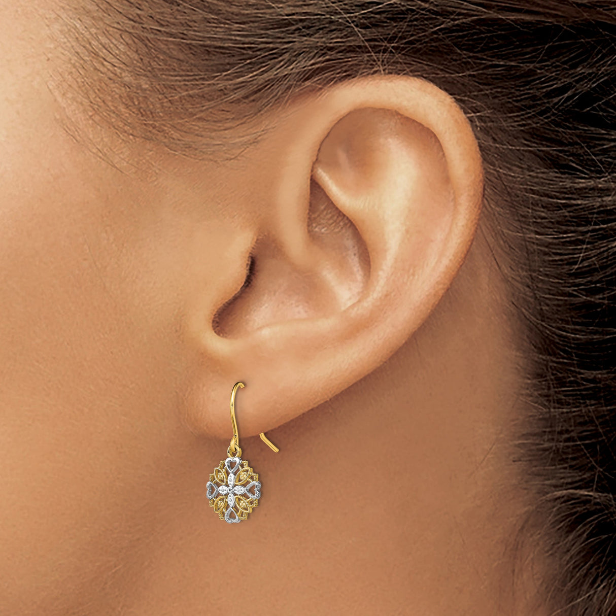 14k Yellow Gold Dangle Earrings with Floral Mandala, Petal and Heart Motifs, Two-Tone Design