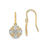 14k Yellow Gold Dangle Earrings with Floral Mandala, Petal and Heart Motifs, Two-Tone Design